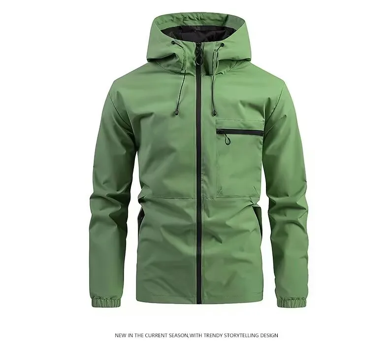 Men Spring Autumn Hooded Jacket Waterproof Outdoor Windbreaker Casual Zip Up Pocket Coat Outerwear