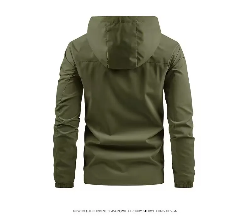 Men Spring Autumn Hooded Jacket Waterproof Outdoor Windbreaker Casual Zip Up Pocket Coat Outerwear