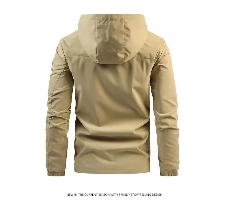 Men Spring Autumn Hooded Jacket Waterproof Outdoor Windbreaker Casual Zip Up Pocket Coat Outerwear
