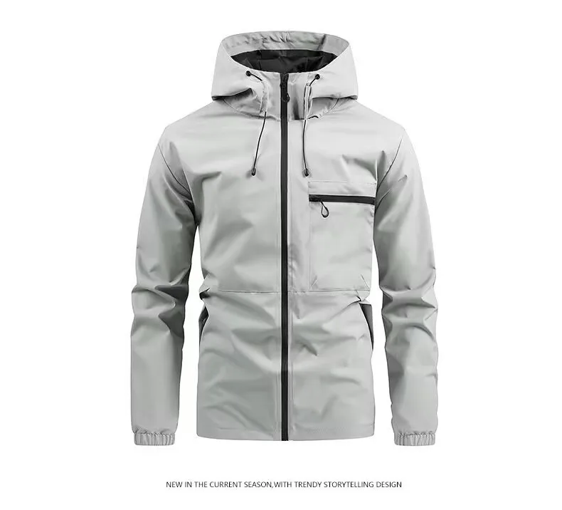 Men Spring Autumn Hooded Jacket Waterproof Outdoor Windbreaker Casual Zip Up Pocket Coat Outerwear