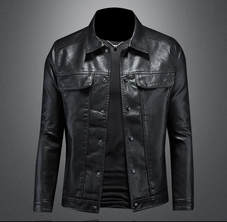 2024 Autumn and Winter New Men's Fashion Handsome with Solid Color Boutique Lapel Motorcycle Leather Coat Slim Fashion  M-5XL