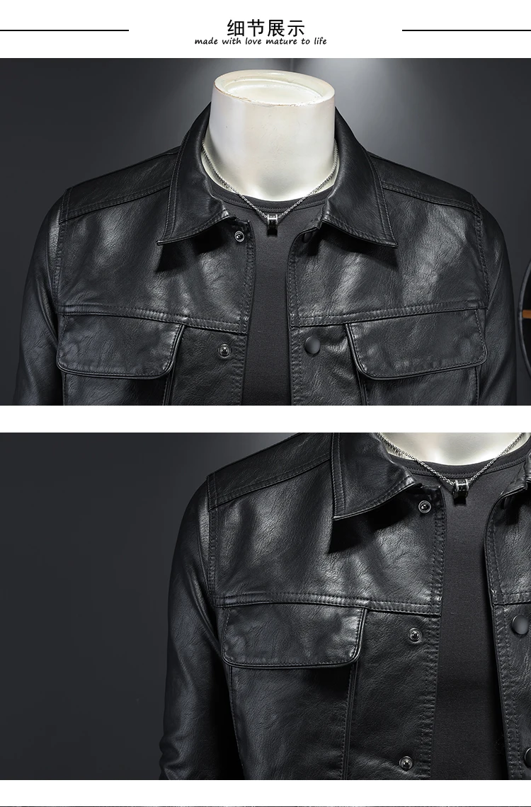 2024 Autumn and Winter New Men's Fashion Handsome with Solid Color Boutique Lapel Motorcycle Leather Coat Slim Fashion  M-5XL