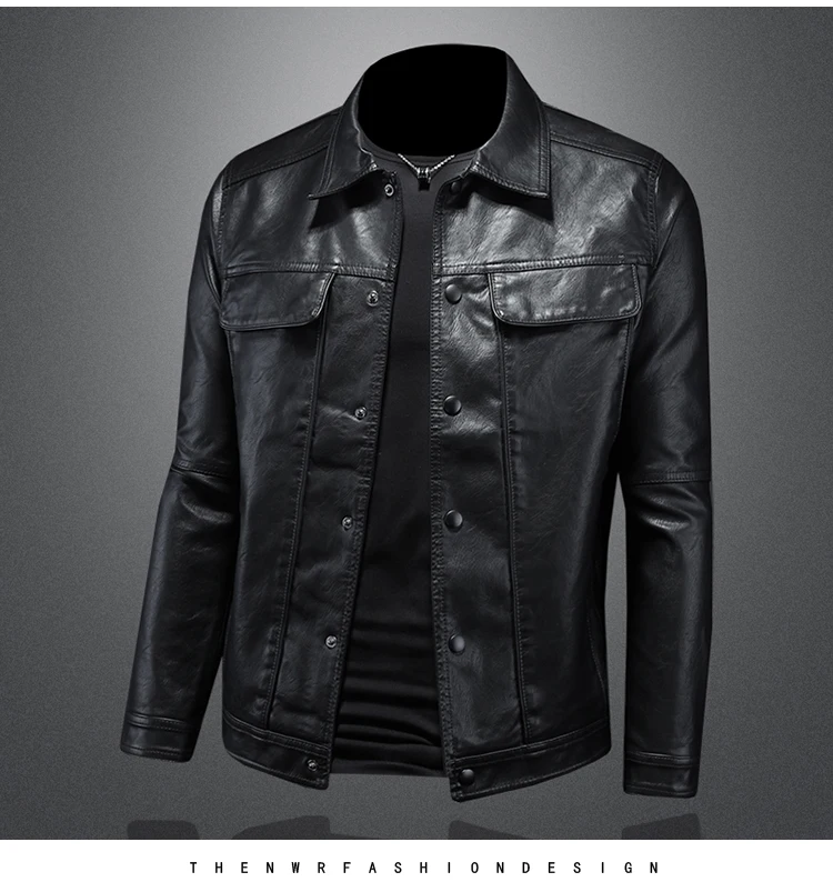 2024 Autumn and Winter New Men's Fashion Handsome with Solid Color Boutique Lapel Motorcycle Leather Coat Slim Fashion  M-5XL