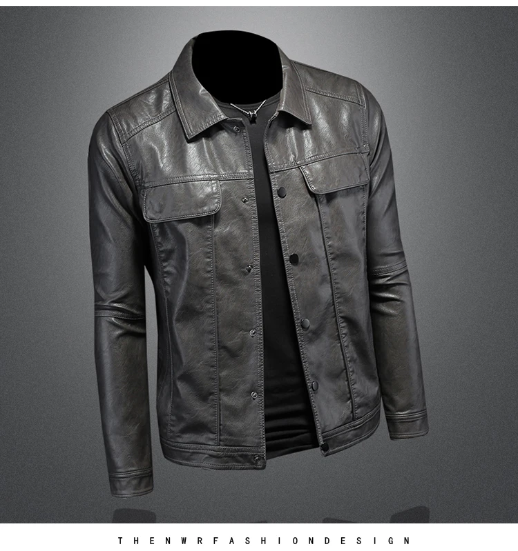 2024 Autumn and Winter New Men's Fashion Handsome with Solid Color Boutique Lapel Motorcycle Leather Coat Slim Fashion  M-5XL