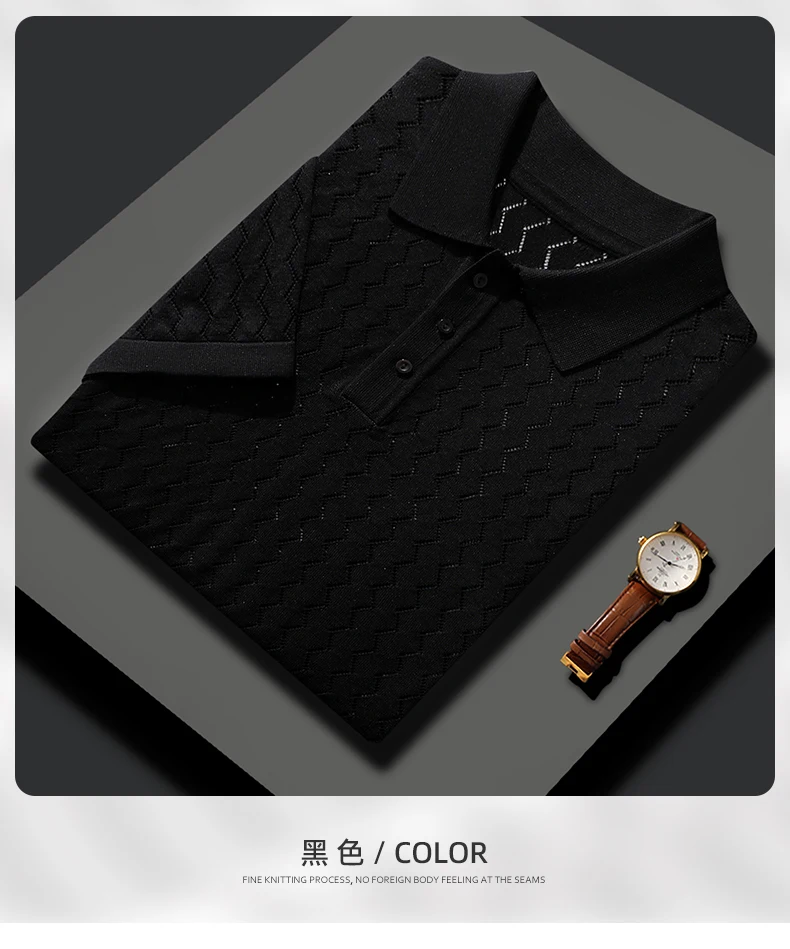 MVLYFLRT Men's T-Shirt Top Mulberry Silk Breathable Knit POLO Shirt Business Casual Lapel Hollow Short Sleeved Summer Shirt Thin
