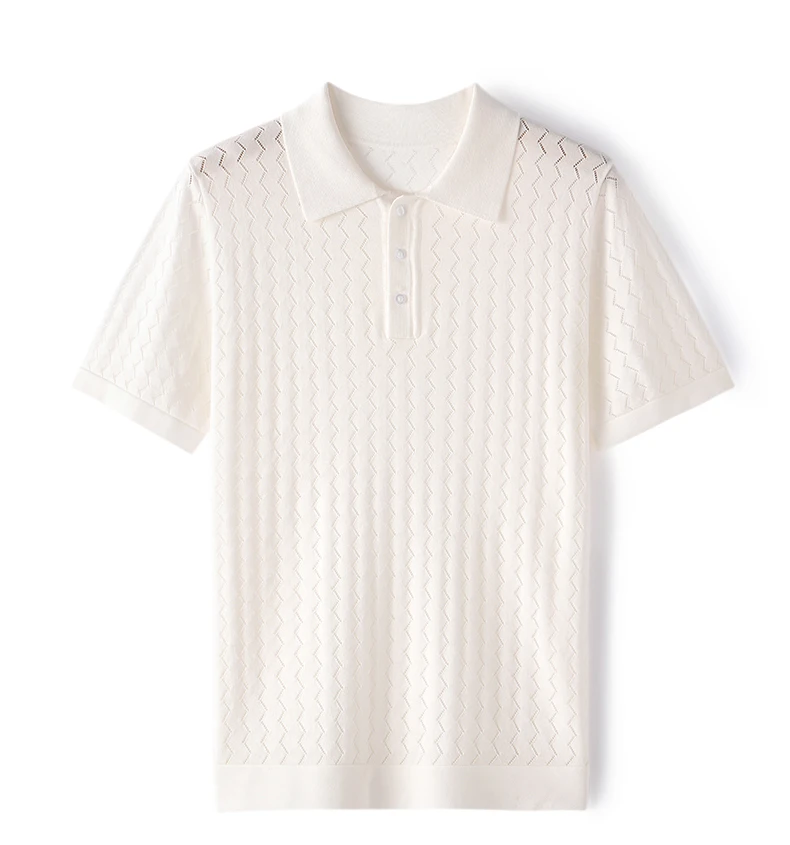 MVLYFLRT Men's T-Shirt Top Mulberry Silk Breathable Knit POLO Shirt Business Casual Lapel Hollow Short Sleeved Summer Shirt Thin