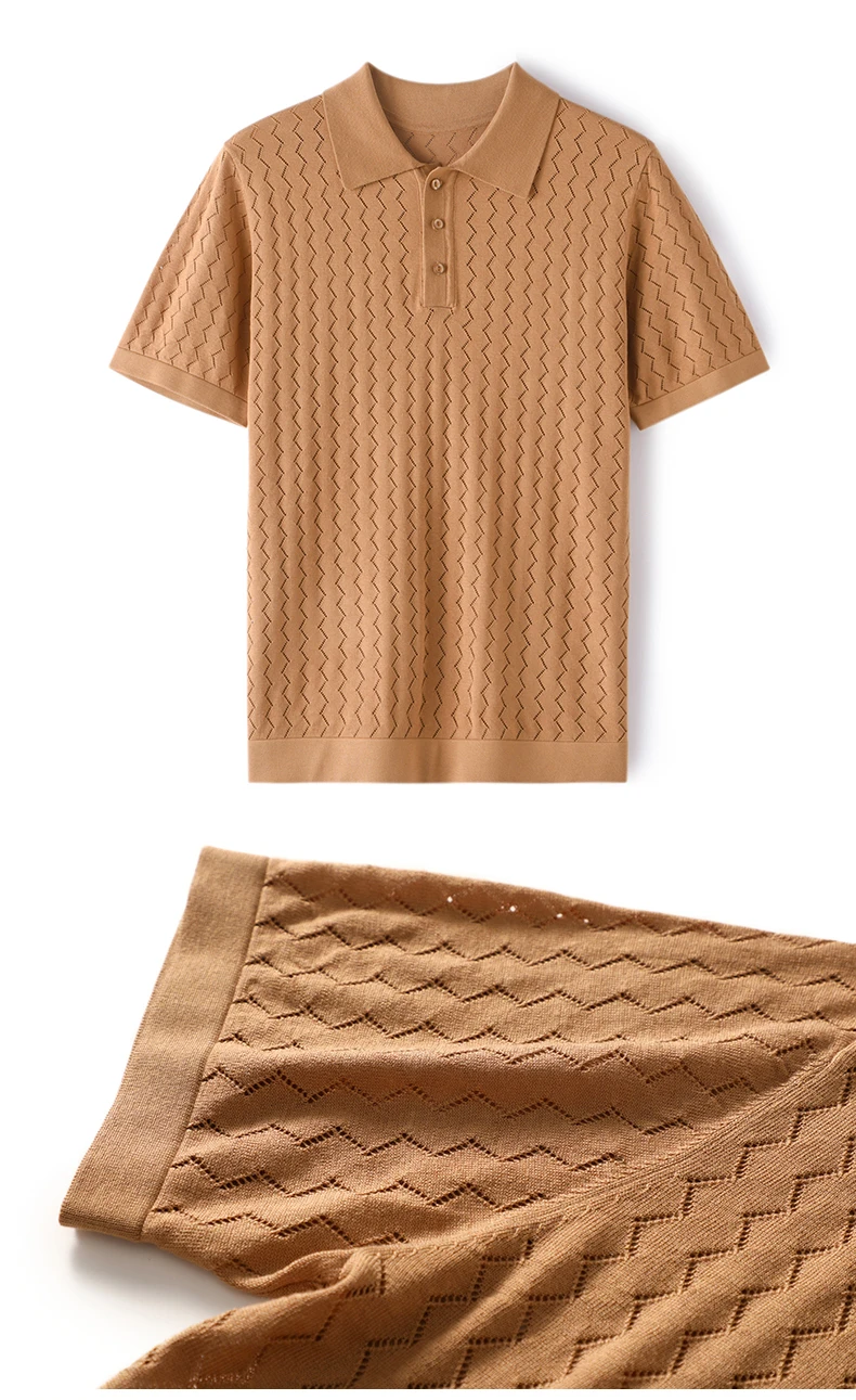 MVLYFLRT Men's T-Shirt Top Mulberry Silk Breathable Knit POLO Shirt Business Casual Lapel Hollow Short Sleeved Summer Shirt Thin