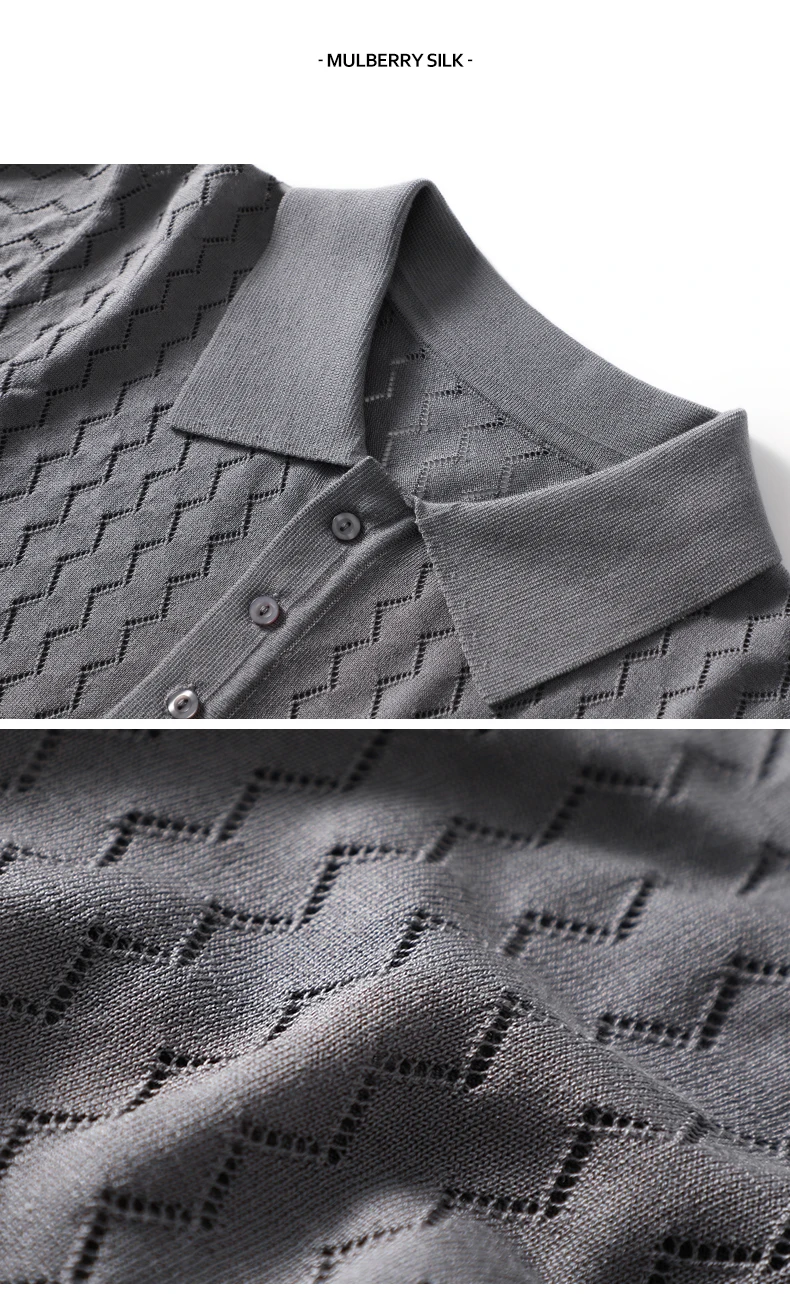MVLYFLRT Men's T-Shirt Top Mulberry Silk Breathable Knit POLO Shirt Business Casual Lapel Hollow Short Sleeved Summer Shirt Thin
