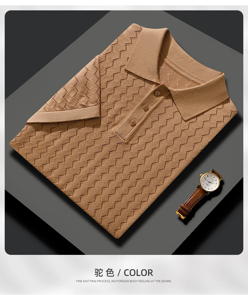 MVLYFLRT Men's T-Shirt Top Mulberry Silk Breathable Knit POLO Shirt Business Casual Lapel Hollow Short Sleeved Summer Shirt Thin