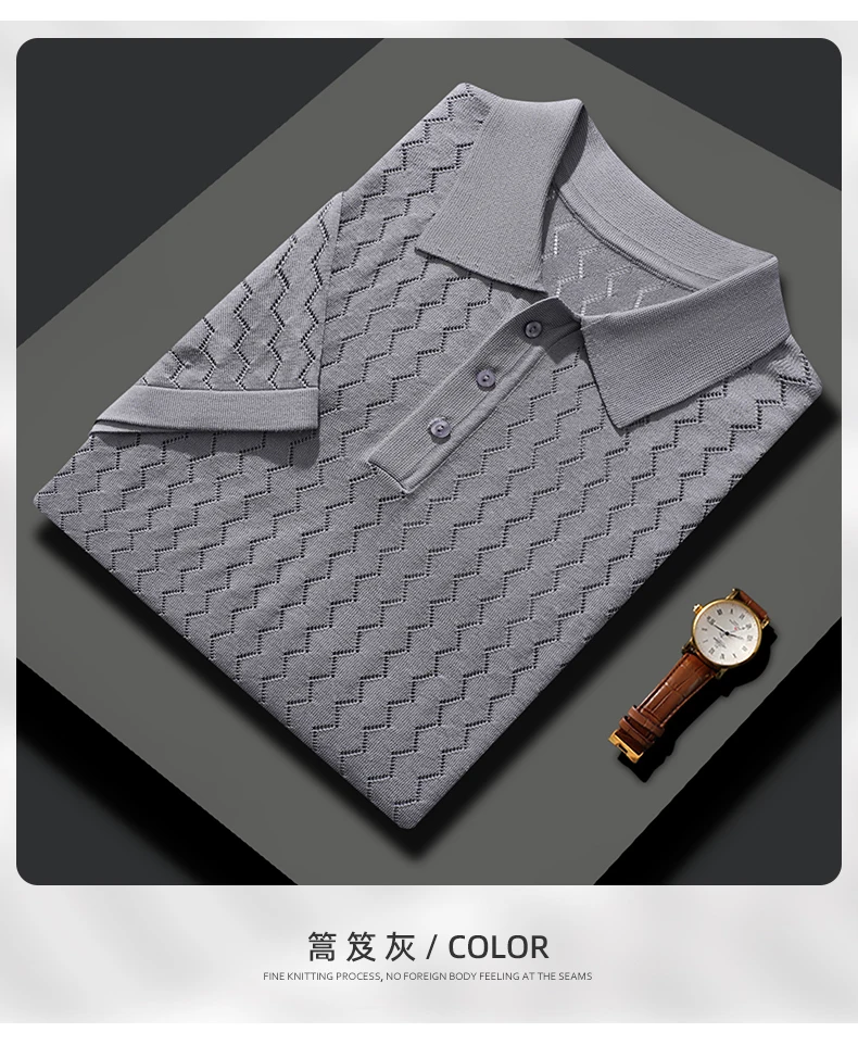 MVLYFLRT Men's T-Shirt Top Mulberry Silk Breathable Knit POLO Shirt Business Casual Lapel Hollow Short Sleeved Summer Shirt Thin