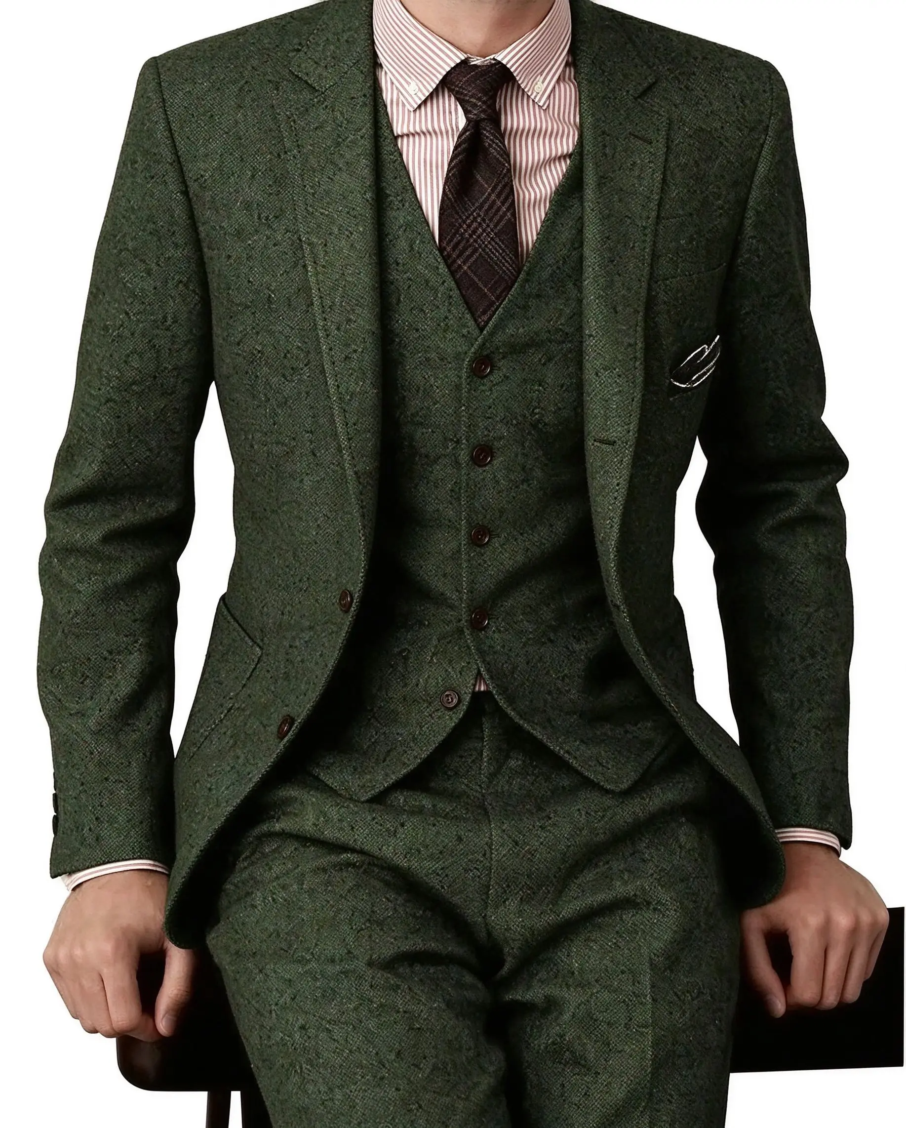 Brown 2026 Mens Tweed Herringbone Wedding Suit Prom Tuxedos 3 Piece Peak Lapel Tweed for Autumn Slim Fit (Blazer+vest+Pants)