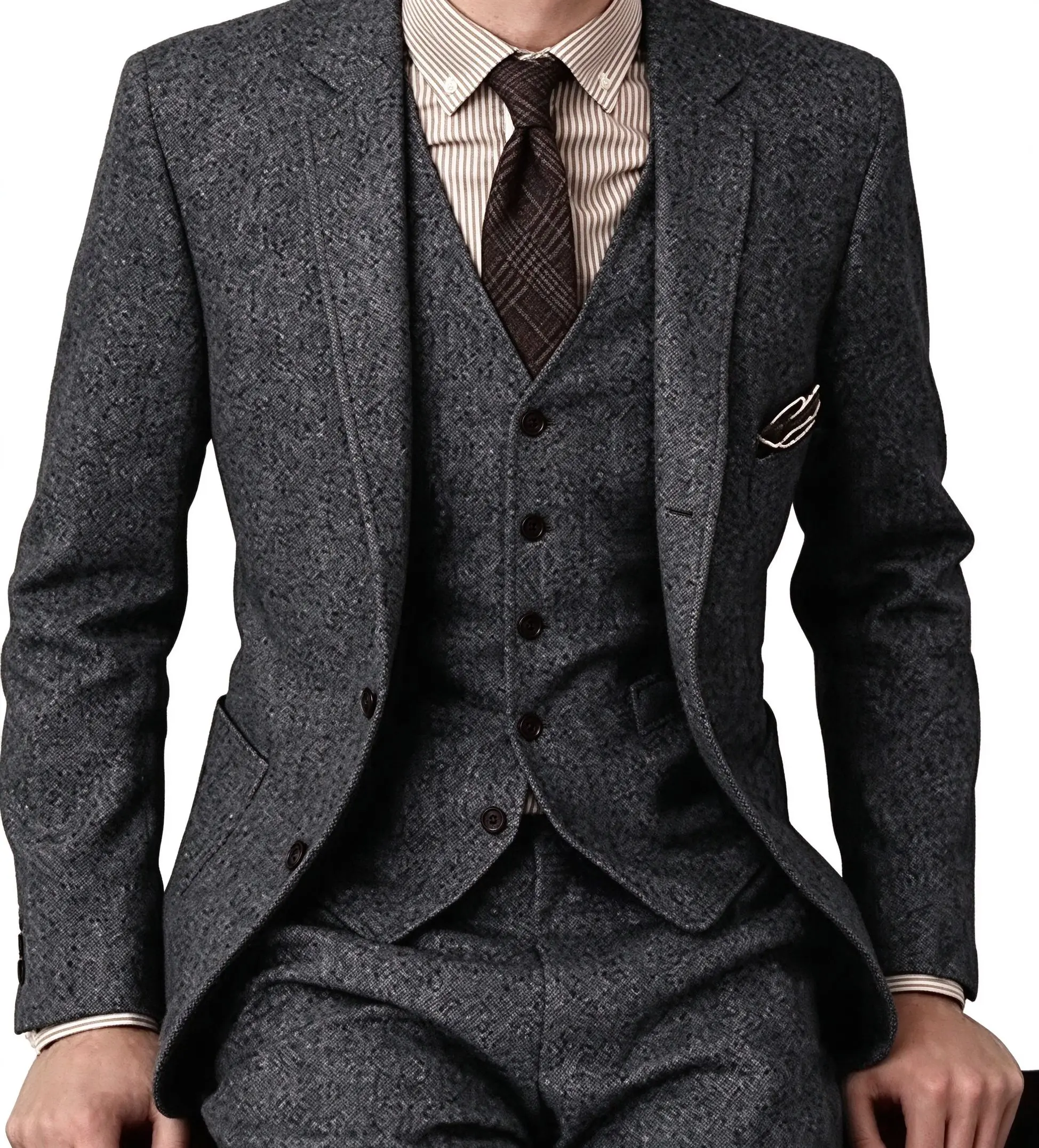 Brown 2026 Mens Tweed Herringbone Wedding Suit Prom Tuxedos 3 Piece Peak Lapel Tweed for Autumn Slim Fit (Blazer+vest+Pants)