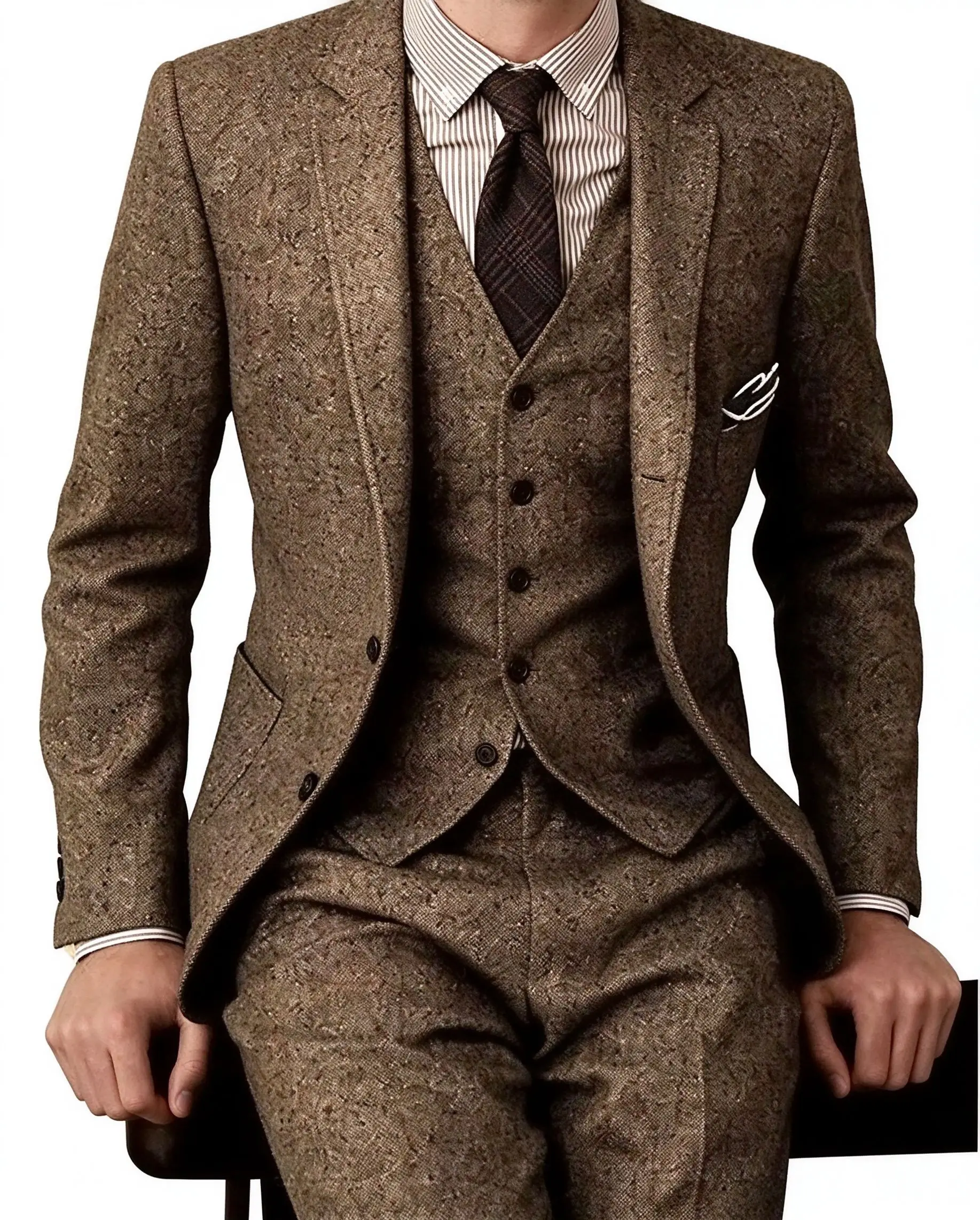 Brown 2026 Mens Tweed Herringbone Wedding Suit Prom Tuxedos 3 Piece Peak Lapel Tweed for Autumn Slim Fit (Blazer+vest+Pants)