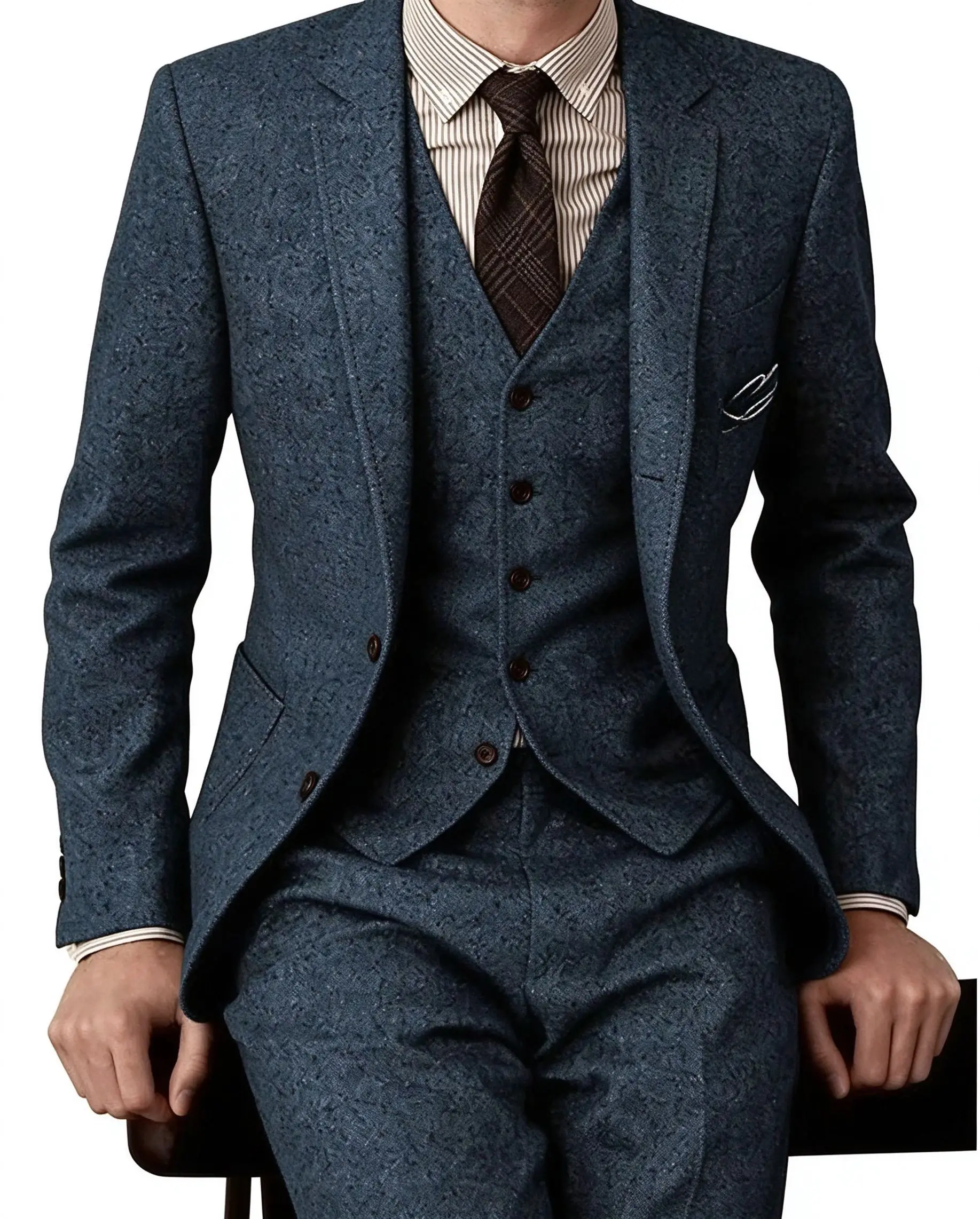 Brown 2026 Mens Tweed Herringbone Wedding Suit Prom Tuxedos 3 Piece Peak Lapel Tweed for Autumn Slim Fit (Blazer+vest+Pants)