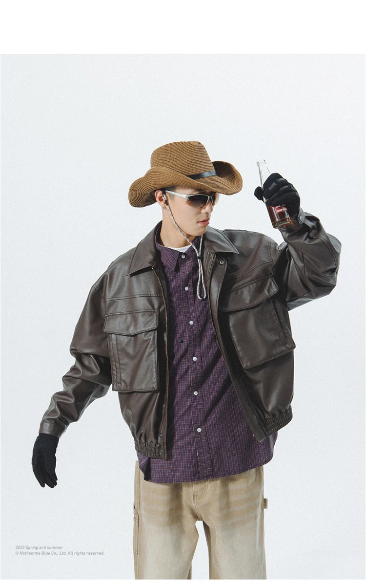Mauroicardi Spring Autumn Vintage Cool Black Brown Soft Pu Leather Moto Jacket Men Zipper Pockets Luxury Designer Cargo Clothes