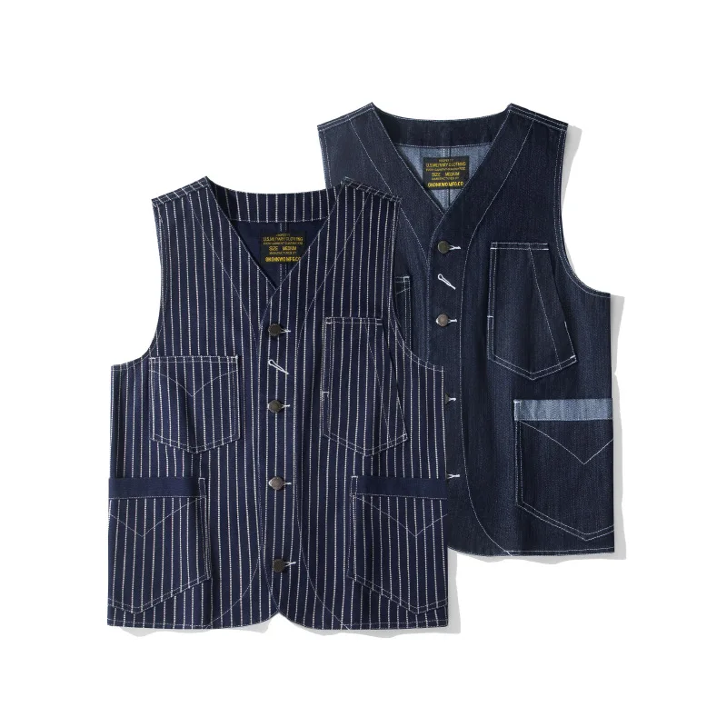 12oz 100% Cotton American Vintage Wabash Stripe Work Vest in Raw Denim Amekaji Style Indigo-Dyed Utility Vest for Men OKONKWO