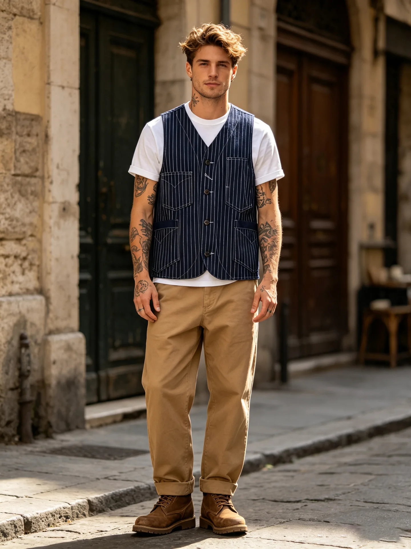 12oz 100% Cotton American Vintage Wabash Stripe Work Vest in Raw Denim Amekaji Style Indigo-Dyed Utility Vest for Men OKONKWO