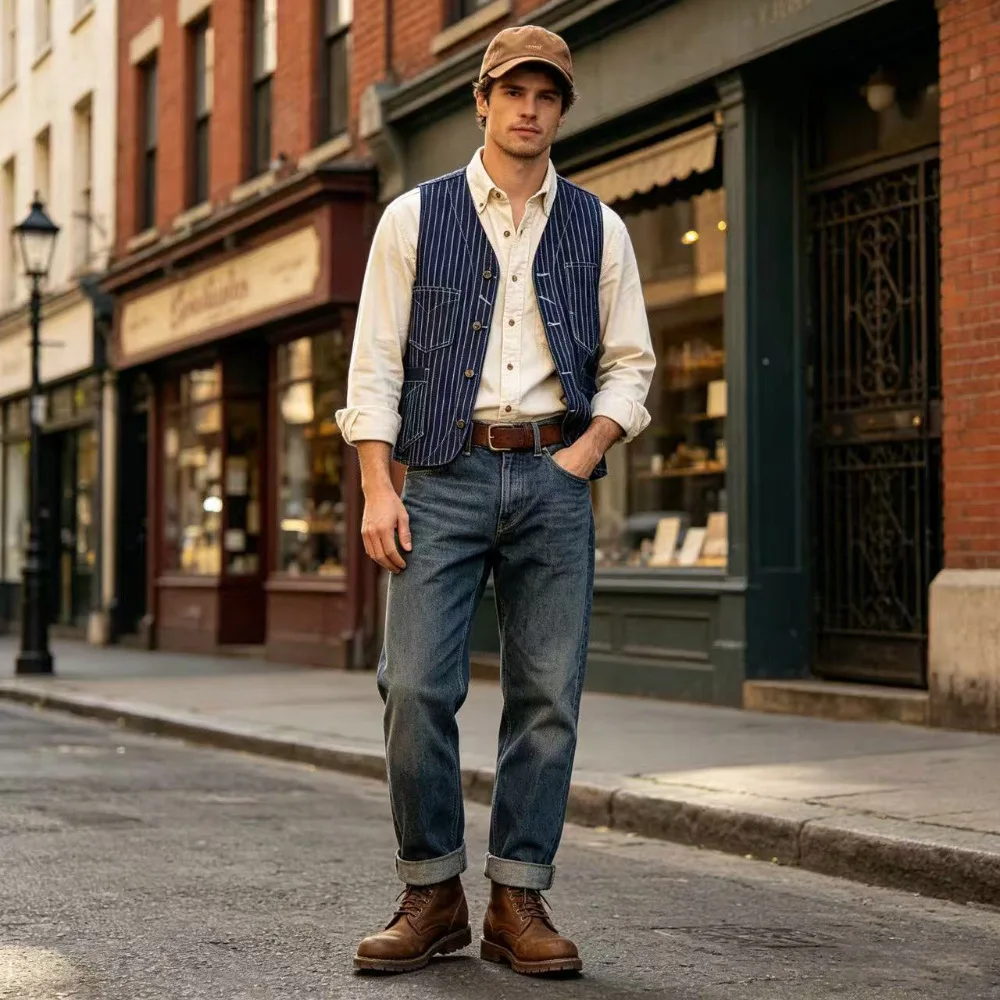 12oz 100% Cotton American Vintage Wabash Stripe Work Vest in Raw Denim Amekaji Style Indigo-Dyed Utility Vest for Men OKONKWO