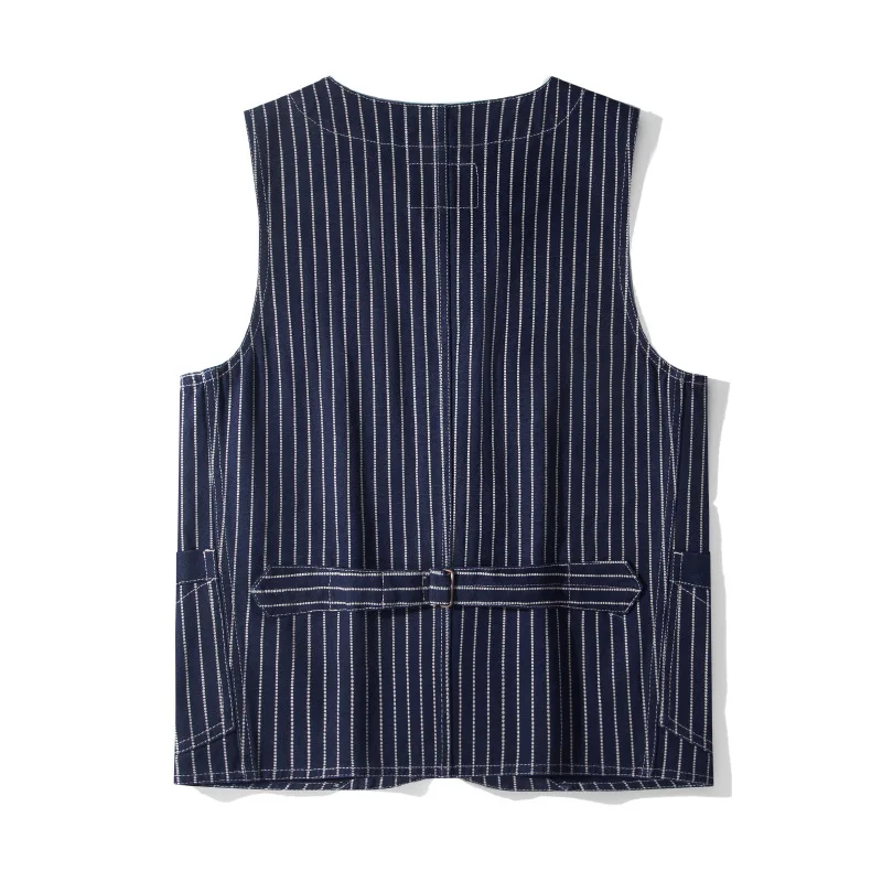 12oz 100% Cotton American Vintage Wabash Stripe Work Vest in Raw Denim Amekaji Style Indigo-Dyed Utility Vest for Men OKONKWO