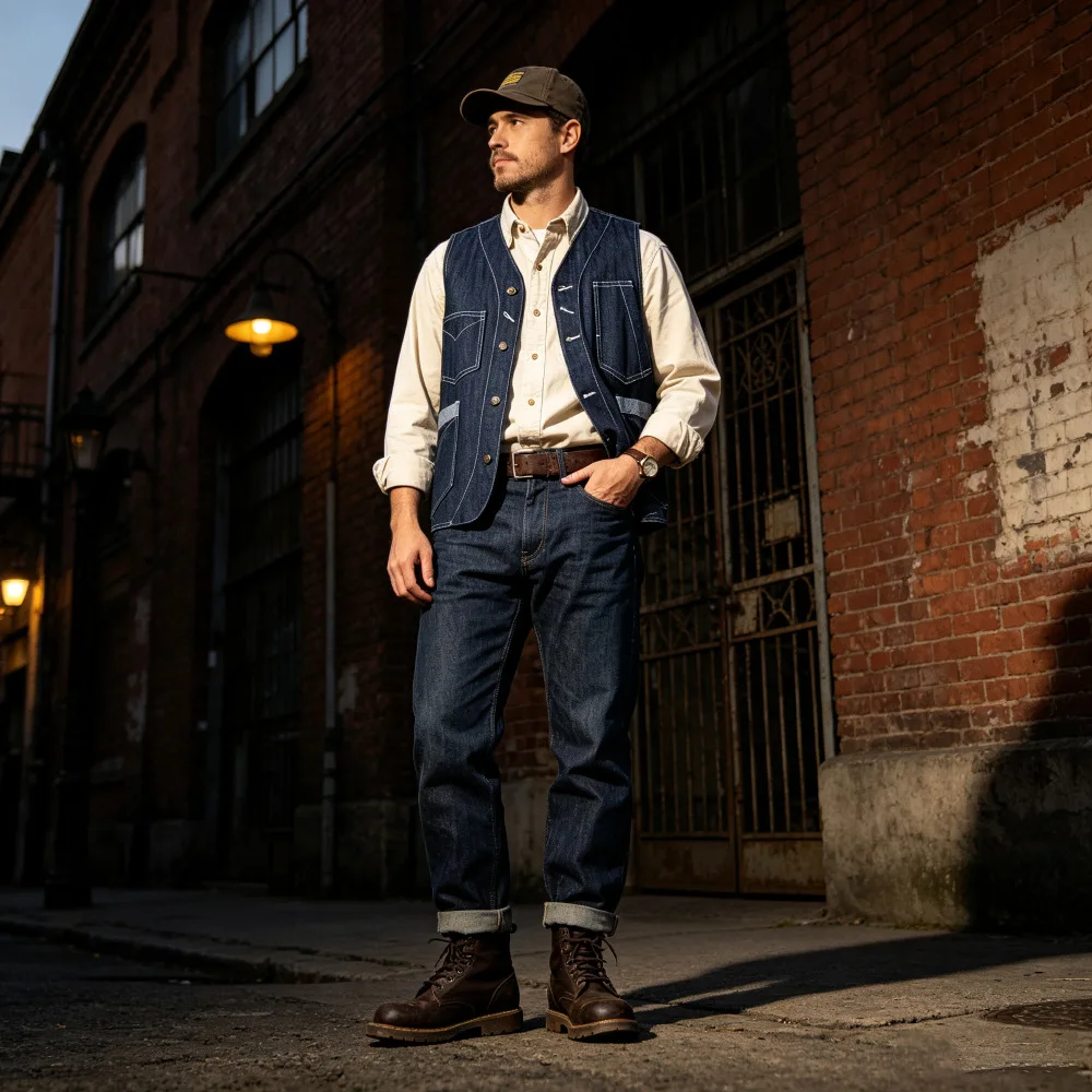 12oz 100% Cotton American Vintage Wabash Stripe Work Vest in Raw Denim Amekaji Style Indigo-Dyed Utility Vest for Men OKONKWO