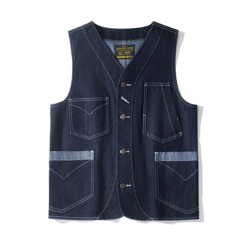 12oz 100% Cotton American Vintage Wabash Stripe Work Vest in Raw Denim Amekaji Style Indigo-Dyed Utility Vest for Men OKONKWO