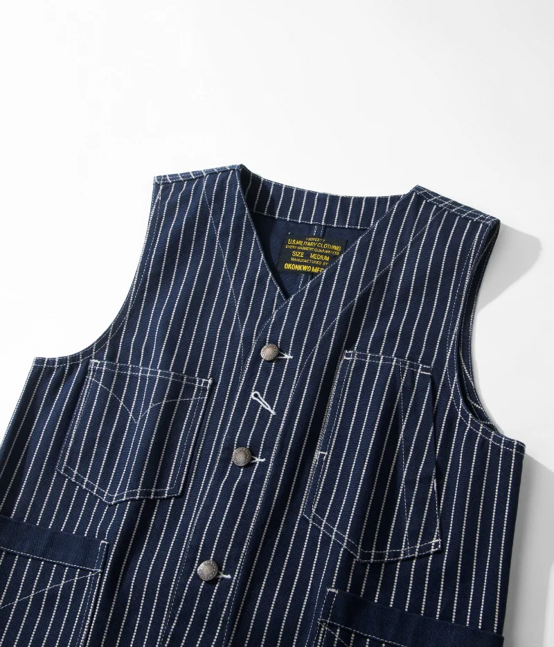 12oz 100% Cotton American Vintage Wabash Stripe Work Vest in Raw Denim Amekaji Style Indigo-Dyed Utility Vest for Men OKONKWO