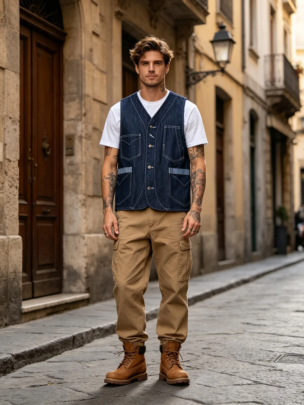 12oz 100% Cotton American Vintage Wabash Stripe Work Vest in Raw Denim Amekaji Style Indigo-Dyed Utility Vest for Men OKONKWO