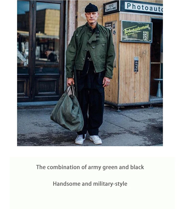 Swedish Motorcycle Jacket, Men's Retro Military Green Casual Cropped Jacket, 100% Cotton Canvas Workwear Asymmetric Safari Style