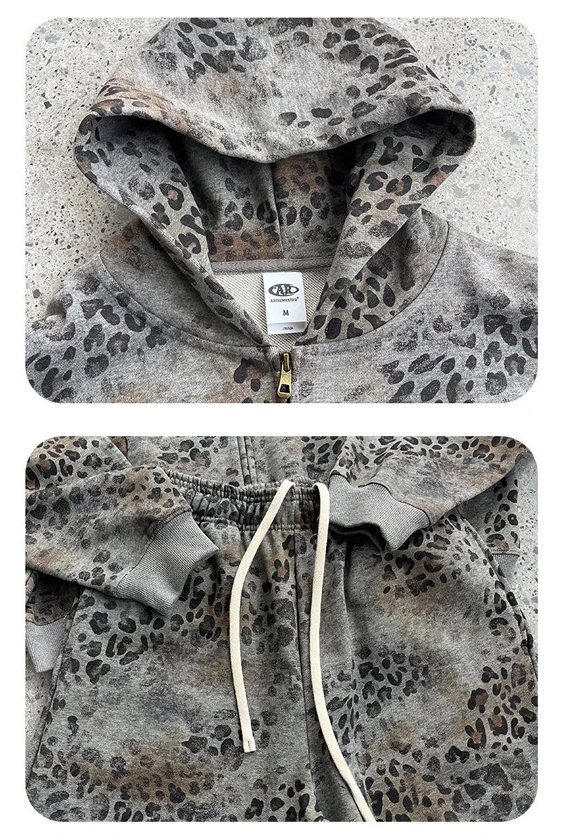 ZODF Trendy Winter 400gsm Boxyfit Zipper Cotton Hoodies For Man Unisex Leopard Printing Hooded Jackets Coat HY1274