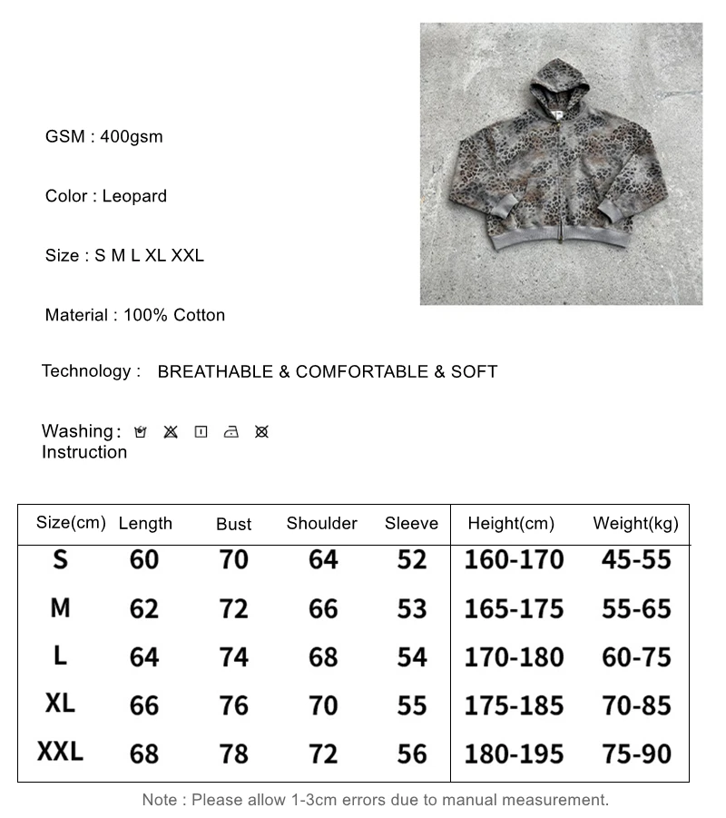 ZODF Trendy Winter 400gsm Boxyfit Zipper Cotton Hoodies For Man Unisex Leopard Printing Hooded Jackets Coat HY1274