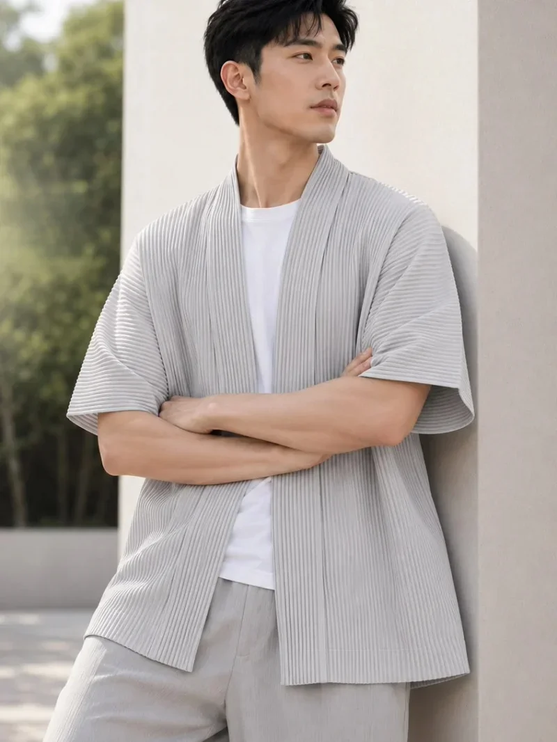 Miyake Pleated Kimono Cardigan Men Japanese Haori Jacket Open Front Loose Fit Plisse Lightweight Summer Coat Casual Outerwear