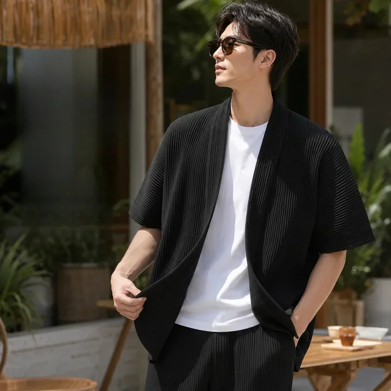 Miyake Pleated Kimono Cardigan Men Japanese Haori Jacket Open Front Loose Fit Plisse Lightweight Summer Coat Casual Outerwear