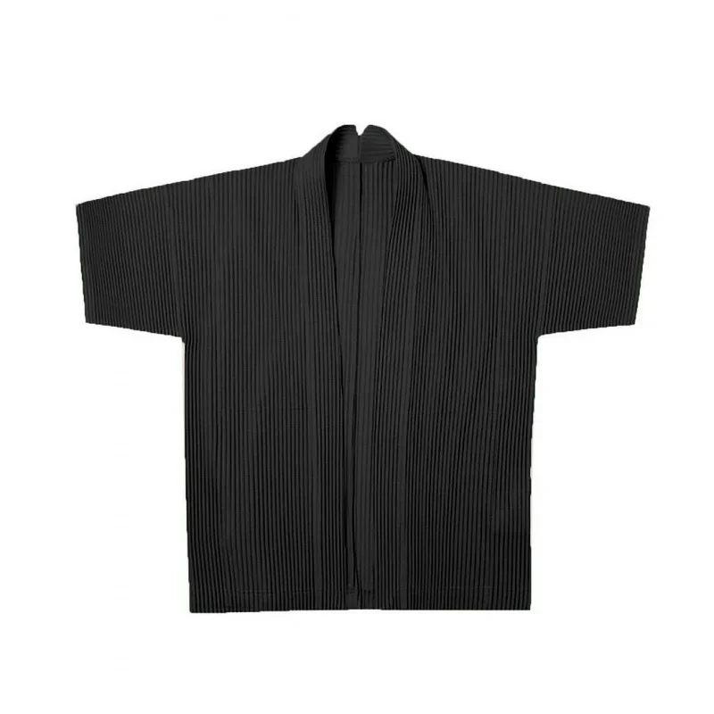 Miyake Pleated Kimono Cardigan Men Japanese Haori Jacket Open Front Loose Fit Plisse Lightweight Summer Coat Casual Outerwear