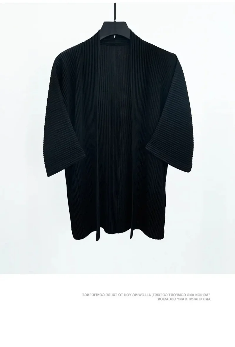 Miyake Pleated Kimono Cardigan Men Japanese Haori Jacket Open Front Loose Fit Plisse Lightweight Summer Coat Casual Outerwear