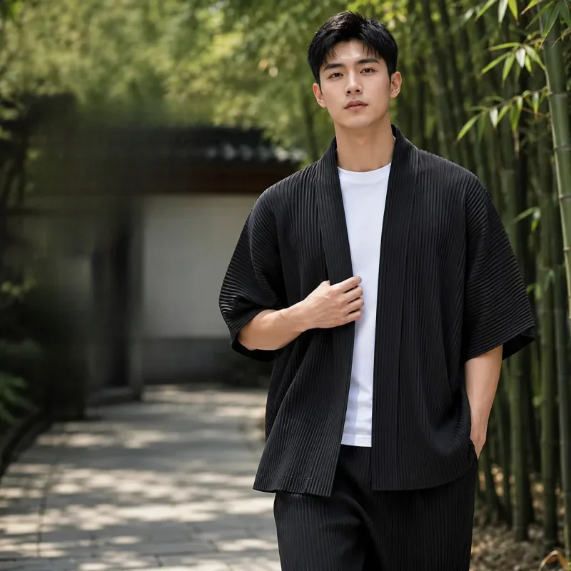 Miyake Pleated Kimono Cardigan Men Japanese Haori Jacket Open Front Loose Fit Plisse Lightweight Summer Coat Casual Outerwear
