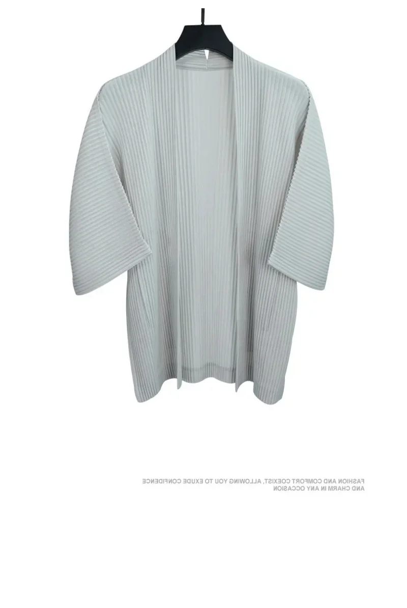 Miyake Pleated Kimono Cardigan Men Japanese Haori Jacket Open Front Loose Fit Plisse Lightweight Summer Coat Casual Outerwear