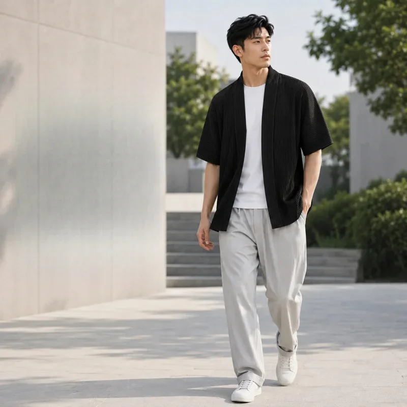Miyake Pleated Kimono Cardigan Men Japanese Haori Jacket Open Front Loose Fit Plisse Lightweight Summer Coat Casual Outerwear