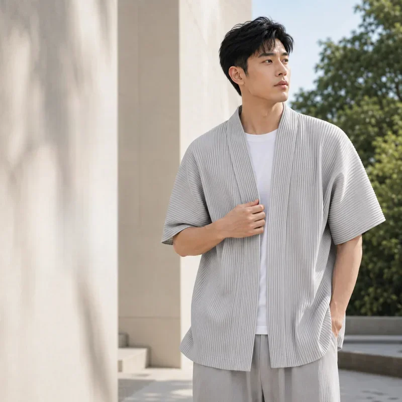 Miyake Pleated Kimono Cardigan Men Japanese Haori Jacket Open Front Loose Fit Plisse Lightweight Summer Coat Casual Outerwear