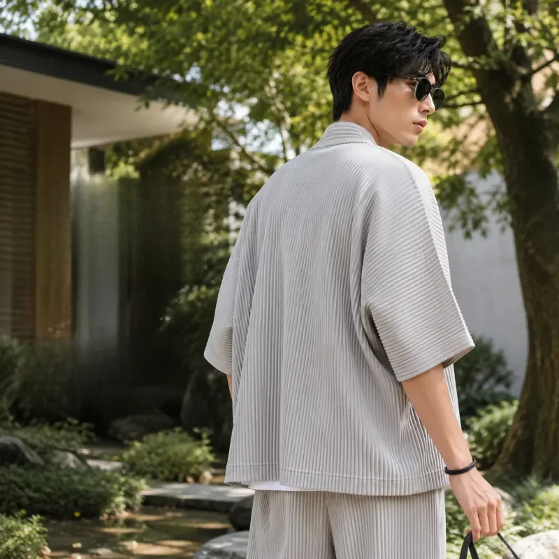 Miyake Pleated Kimono Cardigan Men Japanese Haori Jacket Open Front Loose Fit Plisse Lightweight Summer Coat Casual Outerwear