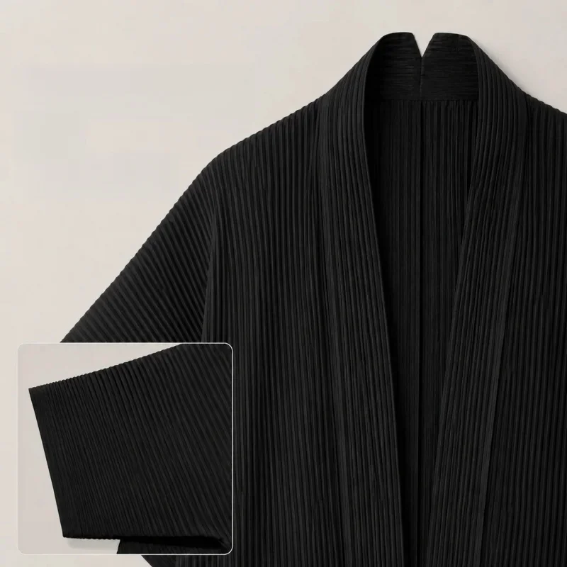 Miyake Pleated Kimono Cardigan Men Japanese Haori Jacket Open Front Loose Fit Plisse Lightweight Summer Coat Casual Outerwear