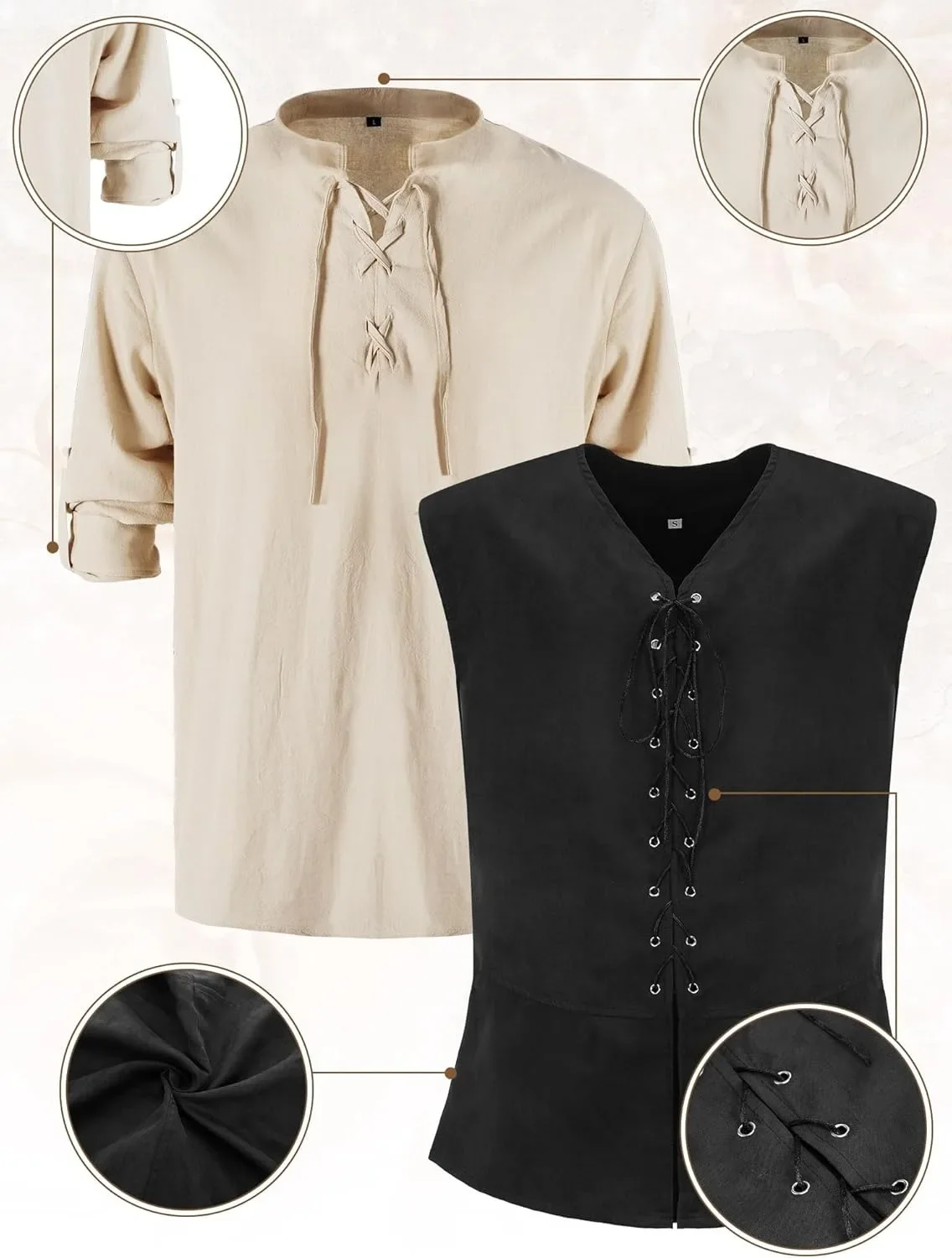 6 Pcs Men's Halloween Renaissance Costume Set Medieval Vest Shirt Ankle Banded Pants Viking Belt Armband Pouch