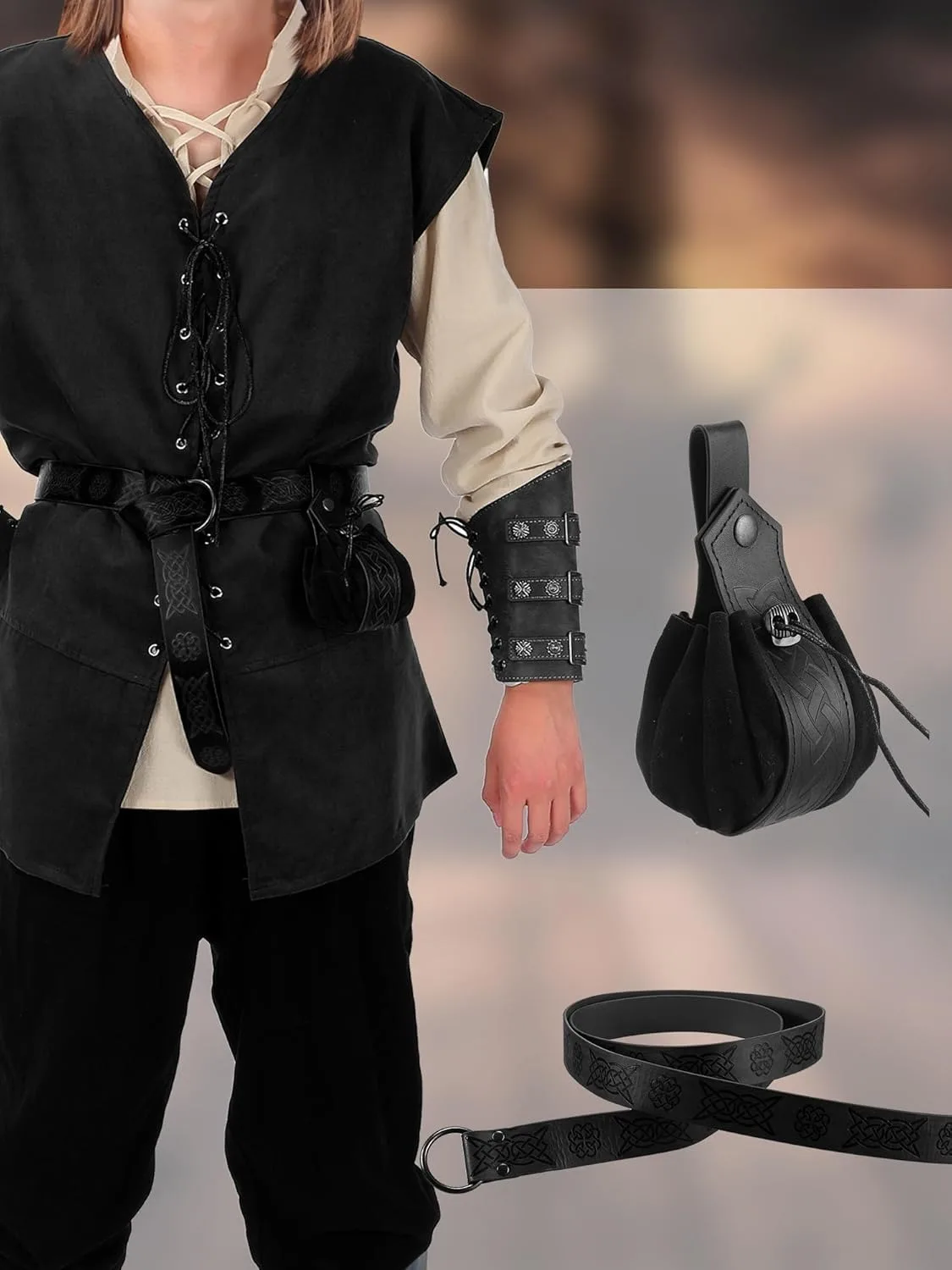 6 Pcs Men's Halloween Renaissance Costume Set Medieval Vest Shirt Ankle Banded Pants Viking Belt Armband Pouch