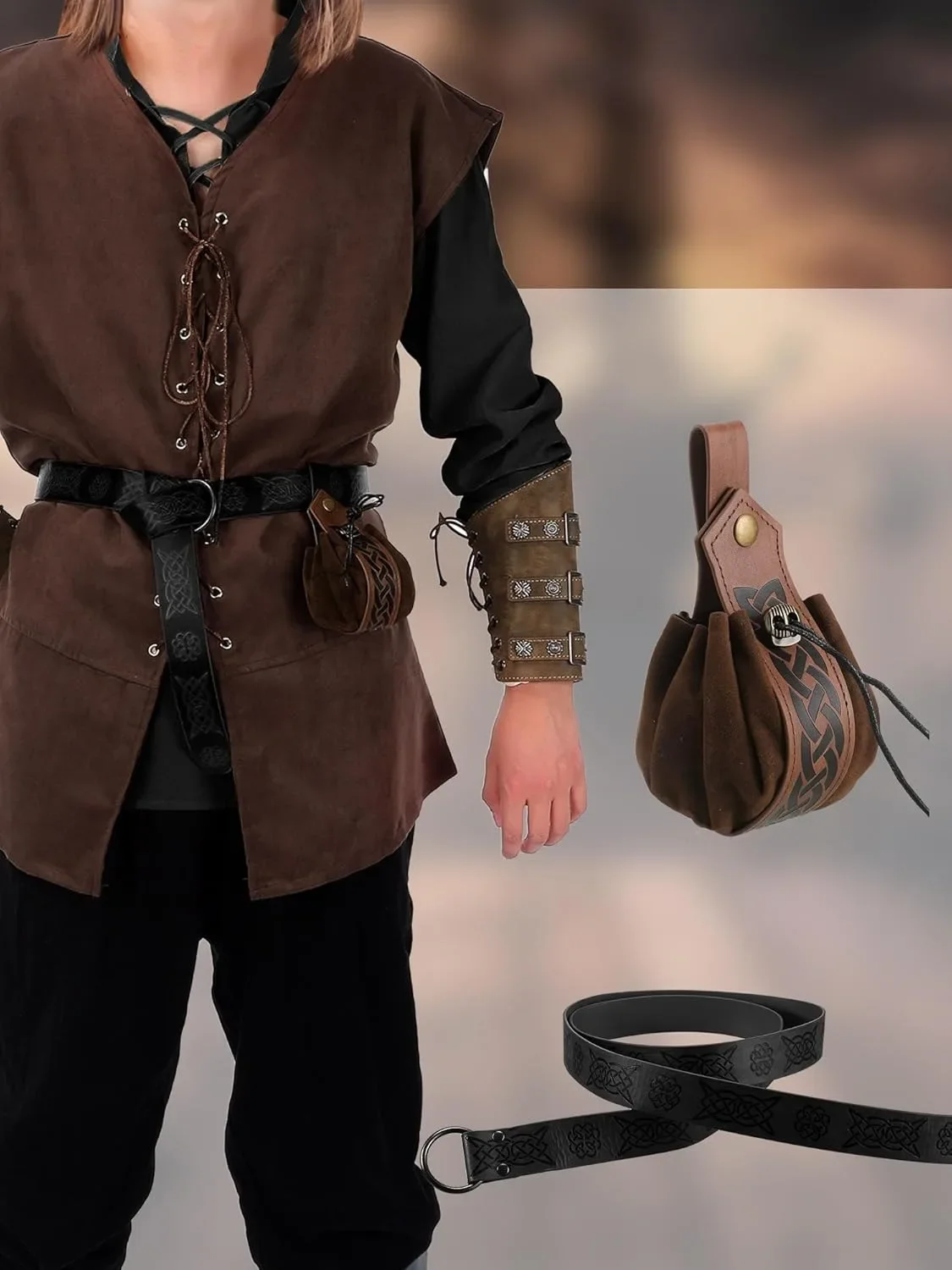 6 Pcs Men's Halloween Renaissance Costume Set Medieval Vest Shirt Ankle Banded Pants Viking Belt Armband Pouch