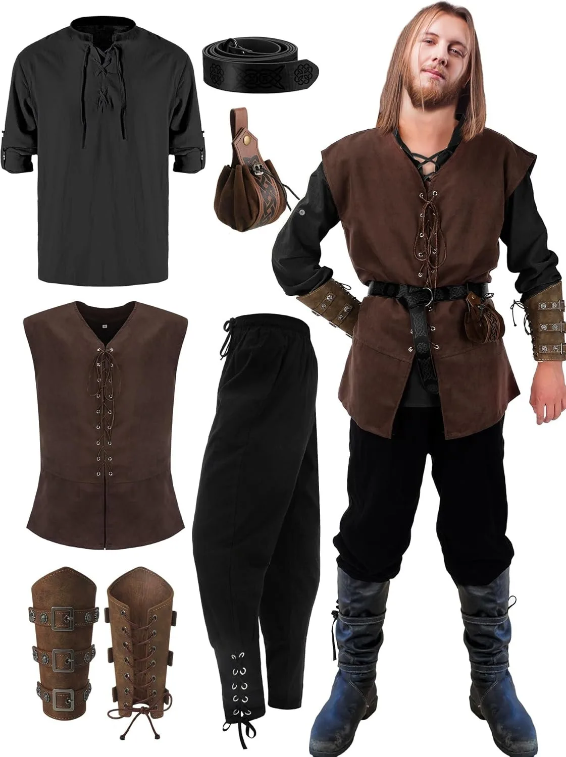 6 Pcs Men's Halloween Renaissance Costume Set Medieval Vest Shirt Ankle Banded Pants Viking Belt Armband Pouch