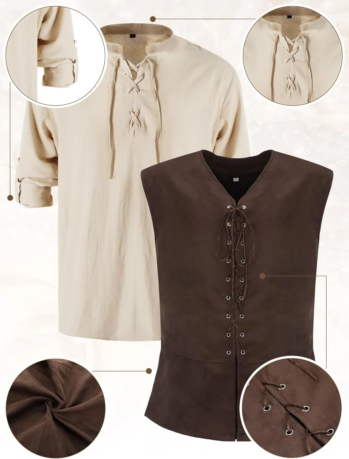 6 Pcs Men's Halloween Renaissance Costume Set Medieval Vest Shirt Ankle Banded Pants Viking Belt Armband Pouch