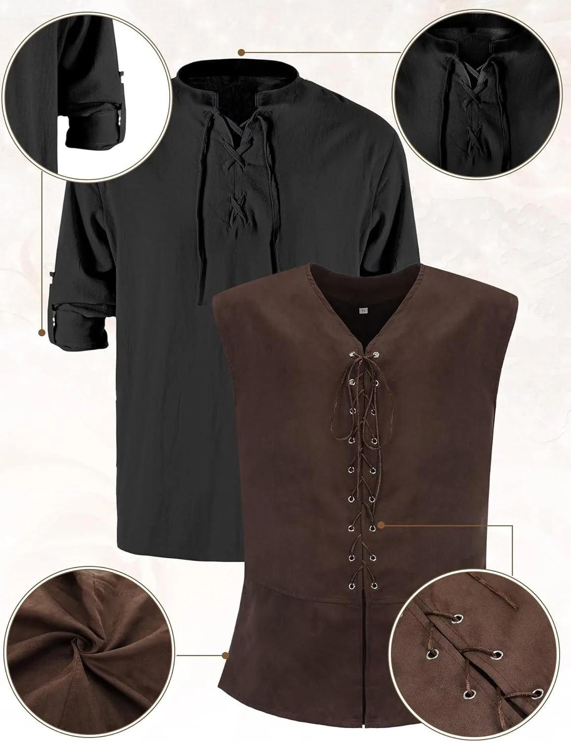 6 Pcs Men's Halloween Renaissance Costume Set Medieval Vest Shirt Ankle Banded Pants Viking Belt Armband Pouch