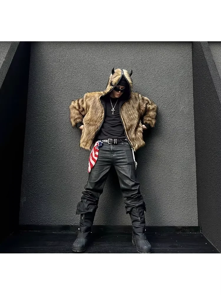 Mauroicardi Autumn Winter Cool Short Thick Warm dark Academia Emo Clothes Devil Faux Fur Coat Men with Hood Fluffy Jacket 2025