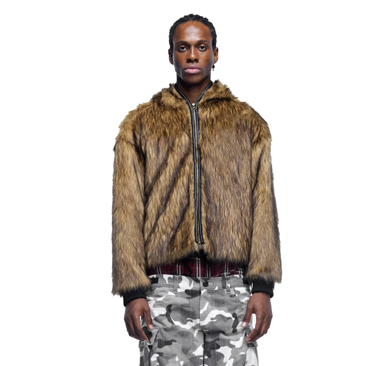Mauroicardi Autumn Winter Cool Short Thick Warm dark Academia Emo Clothes Devil Faux Fur Coat Men with Hood Fluffy Jacket 2025