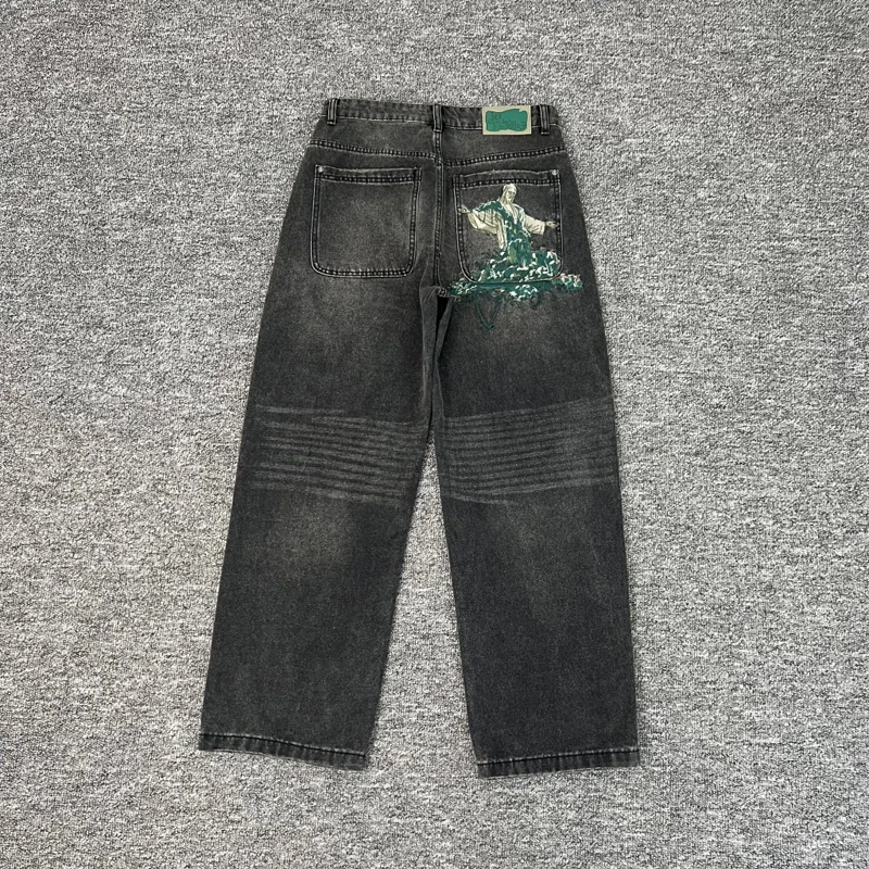 Real Photos Derschutze Jeans High Quality Pattern Embroidery Denim Trousers Retro Grey Street Men Women Pants