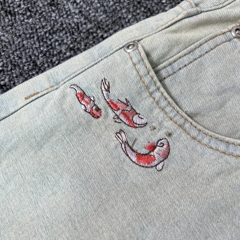 Real Photos Derschutze Jeans High Quality Pattern Embroidery Denim Trousers Retro Grey Street Men Women Pants